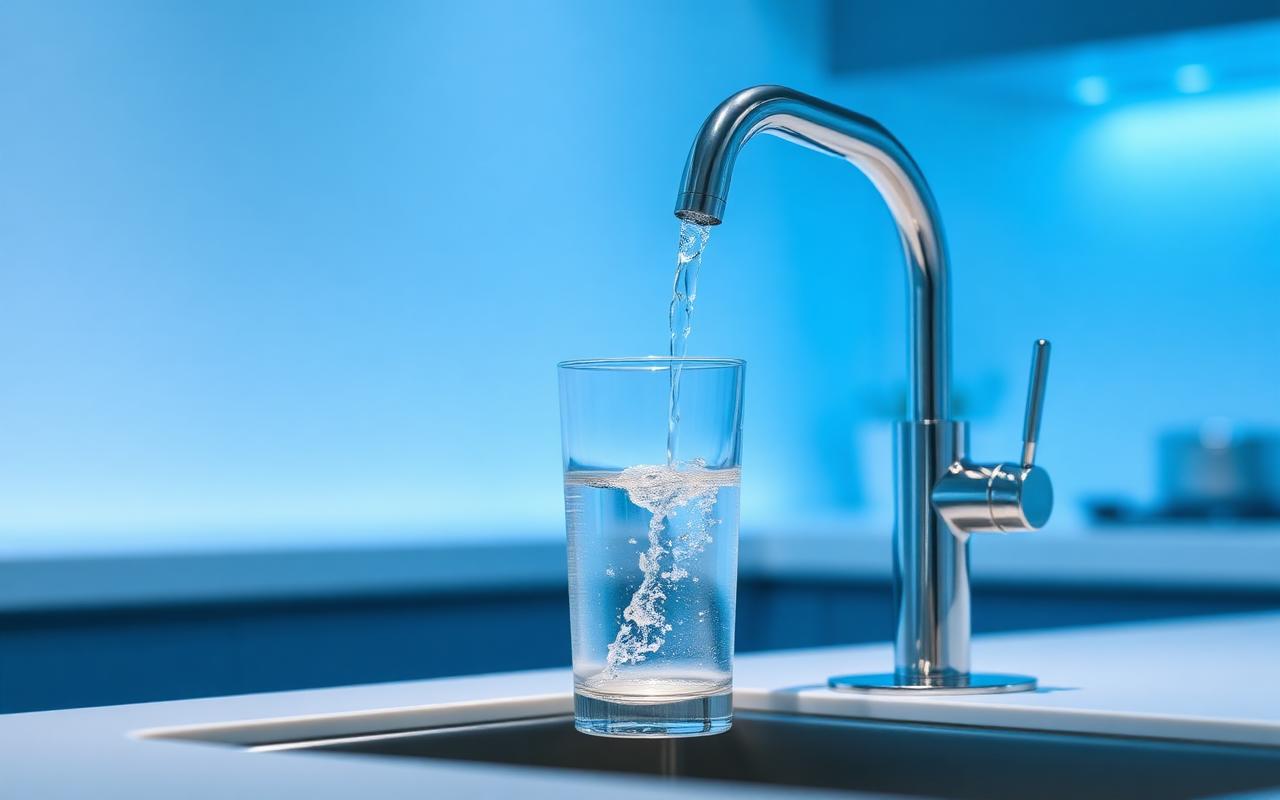 Clean filtered water flowing from a modern kitchen tap